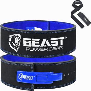Beast Power Gear Weight Lifting Belt Lever Buckle 10MM 13MM Thick & 4 Inches Free Strap Weightlifting, Powerlifting, Deadlifts, Squats Men Women (Medium, Black/Blue)