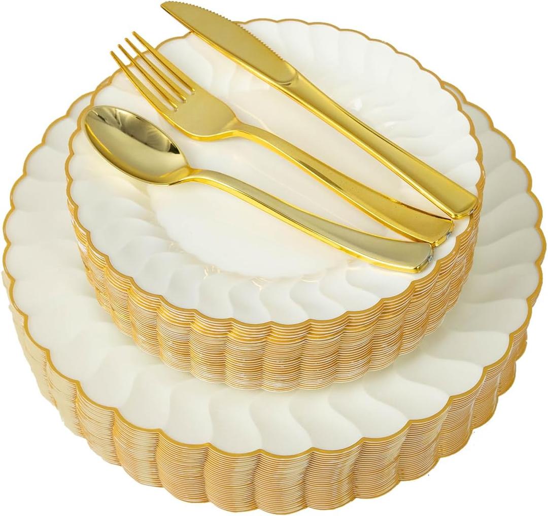 150pcs Ivory Scalloped Plastic Plates Set with Gold Rim,Fancy Disposable Dinnerware Sets Include 60 Plastic Dessert Plates,30Forks, 30Knives, 30Spoons Perfect for Wedding & Easter & Mother's Day