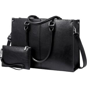 LOVEVOOK Laptop Tote Bag for Women, 15.6 Inch Large Capacity Vintage Leather Work Computer Bag, Business Casual Shoulder Handbag, Black
