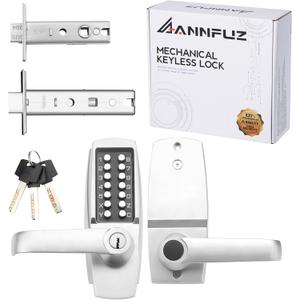 Mechanical Entry Keypad Door Handle Lock with Key,Auto-Locking Push Button Code Door Knob Lock,Single Sided Combination & Interior Hold-open Lever,for Front Gate,Garage,Office,Brushed Nickel