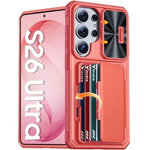 Vizvera for Samsung Galaxy S26 Ultra Case Wallet RFID [Cards Holder][Camera Cover][Edge Raised] Full Body Rugged Shockproof Silicone Phone Case for Galaxy S26 Ultra 6.9" 2026,Coral Pink