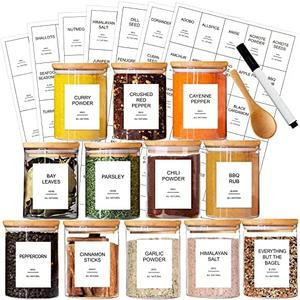 GPOVVIMX 12 Pcs Glass Spice Jars with Bamboo Airtight Lids and 191 Labels - 8.5oz Small Food Storage Containers for Kitchen, Seasoning, Coffee, Herb - Spoon and Marker Included