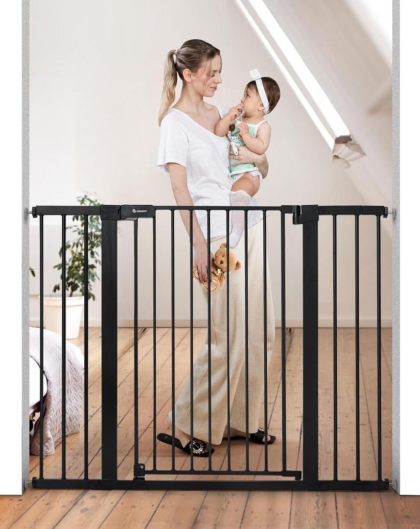 COMOMY 36" Extra Tall Baby Gate for Stairs and Doorways - Fits 29.5" to 48.8" Wide Openings, Auto Close Extra Wide Dog Gate for House, Pressure Mounted Easy Walk Through Pet With Door, Black (36"Tall 48.8"Wide)