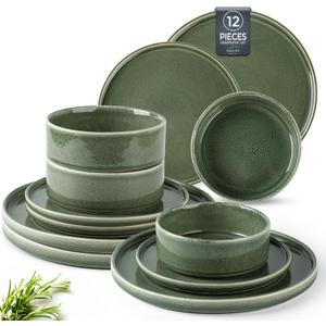 AmorArc Ceramic Dinnerware Sets, Handmade Reactive Glaze Stoneware Plates and Bowls Sets,Highly Chip and Crack Resistant | Dishwasher & Microwave Safe Dishes Set, Service for 4 (12pc) (Jade Green)