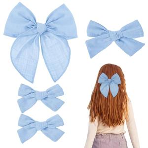 4 Pcs Blue Hair Bow, Cotton Linen Hair Bows, Girls Bows for Hair, Toddler Hair Accessories, Alligator Clips Knot Hair Bows for Girls, Light Blue Bow, 3 Styles & 3 Sizes