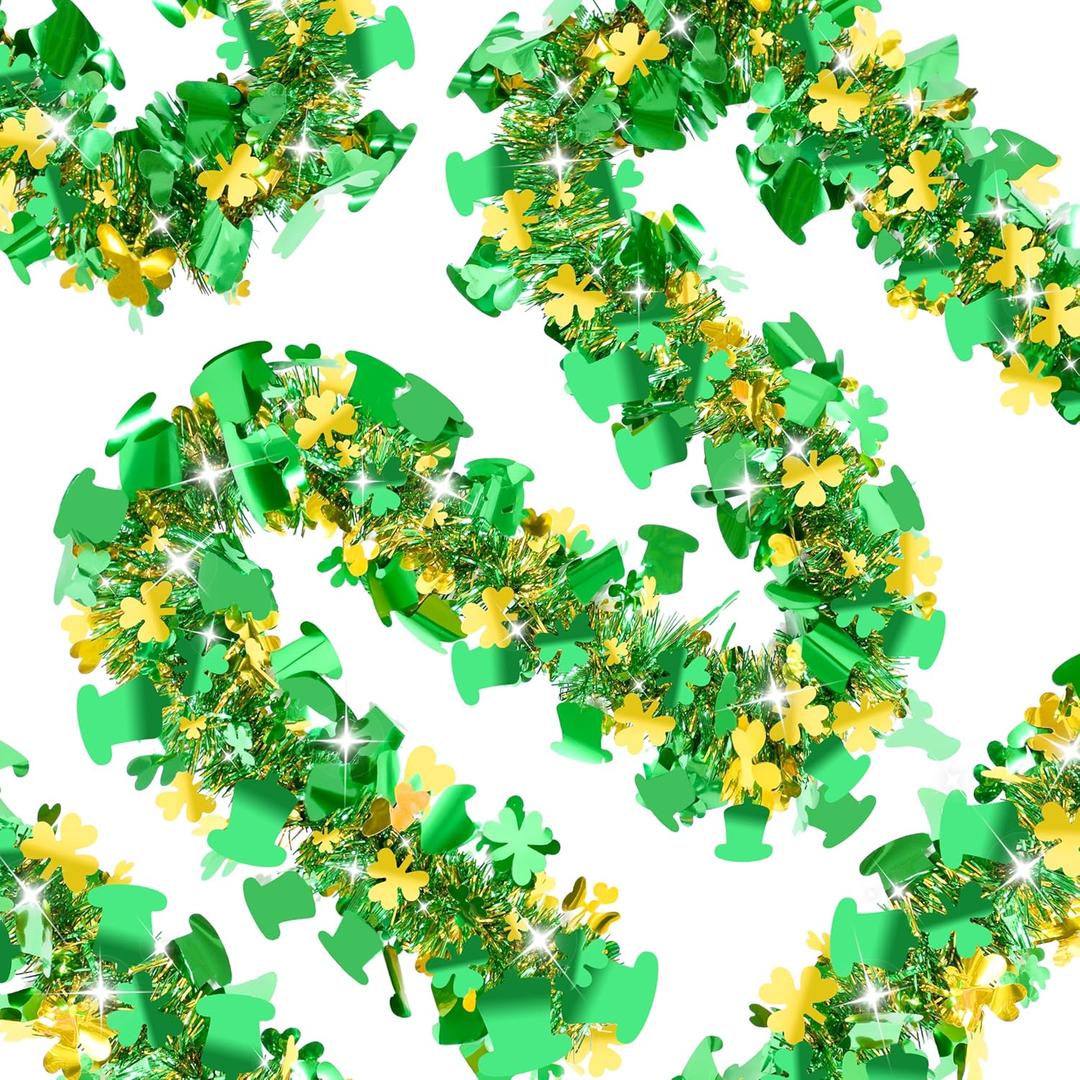 OCTERIC 66FT St Patrick's Day Tinsel Garlands Green Gold Shamrock Hat Tinsel Garland Twist Hanging Garland for Outdoor Indoor Home Holiday Party Irish St Patrick's Day Decorations
