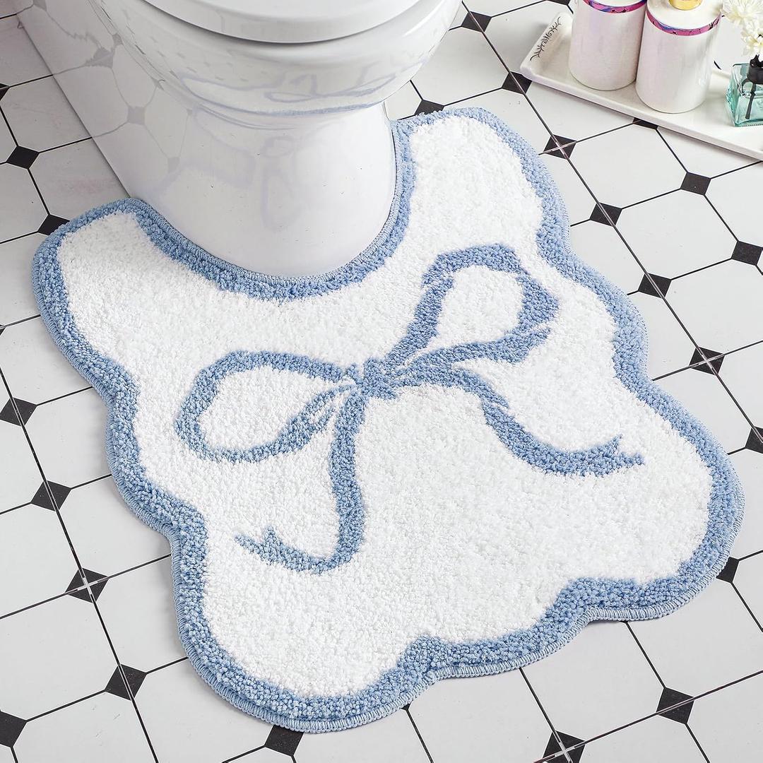 Bow Toilet Rug U-Shaped Luxury Scalloped Bathroom Mat Non Slip Cute Microfiber Soft Plush Bath Rugs Pastel Bathroom Decor Coquette Stuff for Toilet Base(Blue,24 x 20 Inches)