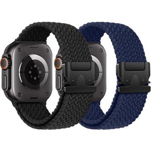 Braided Stretchy Solo Loop Compatible for Apple Watch Ultra 2 Band 49mm 46mm 45mm 44mm 42mm 41mm 40mm 38mm Men Women, Nylon Sport Bands with Parachute Buckle for iWatch Series 11 10 9 8 7 6 SE 5 4 3 (Black/Navy Blue)