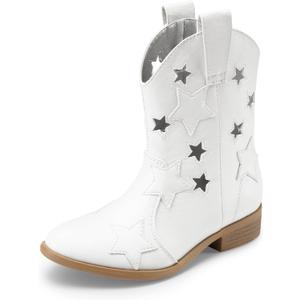 DREAM PAIRS Girls Cowgirl Boots Cowboy Western Mid Calf Star Boots for Kids (2 Little Kid, White-holes)
