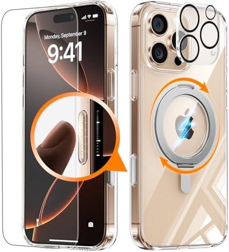 JUESHITUO 3 in 1 for iPhone 16 Pro Case, [with Sensitive Camera Control Capture Button] [Non-Yellowing] 360° Rotatable Magnetic Ring Stand with [Rotary Damping Sound] Cell Phone Cover 6.3", Clear