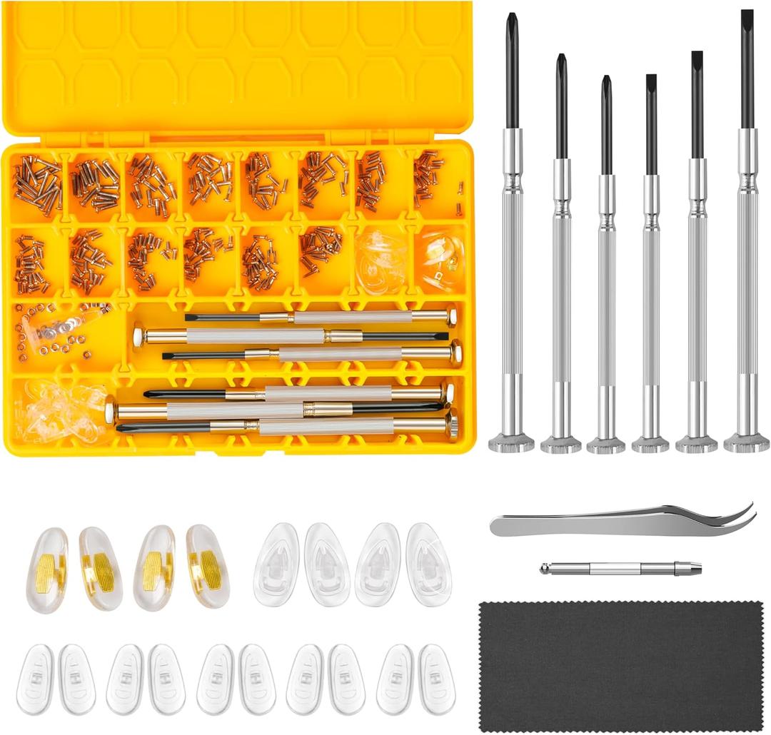 Magnetic Eyeglass Repair Kit, Glasses Repair Kit with Eyeglass Screws Include Nose Pads, Precision Screwdriver Tool Set and Tweezers for Eyeglasses, Sunglasses, Watch Clock Spectacle Repair