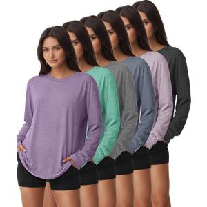Kinglaman 6 Pack Women's Long Sleeve Workout Dry Fit Shirts, UPF 50+ Rash Guard SPF UV Sun Protection Swim Tee Shirts (L)
