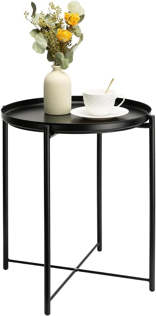 danpinera Metal Black Side Table for Small Spaces Outdoor Patio Table Round Metal Coffee Table Waterproof Removable Tray Table for Living Room Bedroom Balcony Office Black (1 tier)