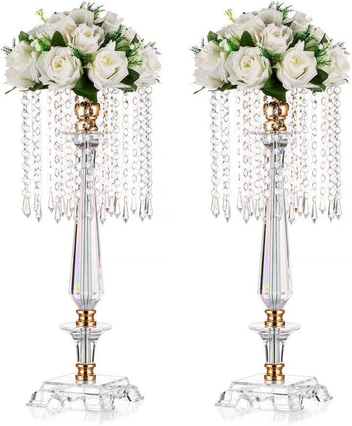 Wedding Centerpieces for Tables Acrylic Vase - 19.7in Tall Flower Stand for Wedding, Clear Flower Vase Bulk with Chandelier Crystals, Centerpiece Table Decorations for Birthday, Home Decor, 2 Pcs