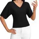 LYANER Women's Batwing Sleeve V Neck Slim Fit Elegant Blouse Top Shirt Black Large