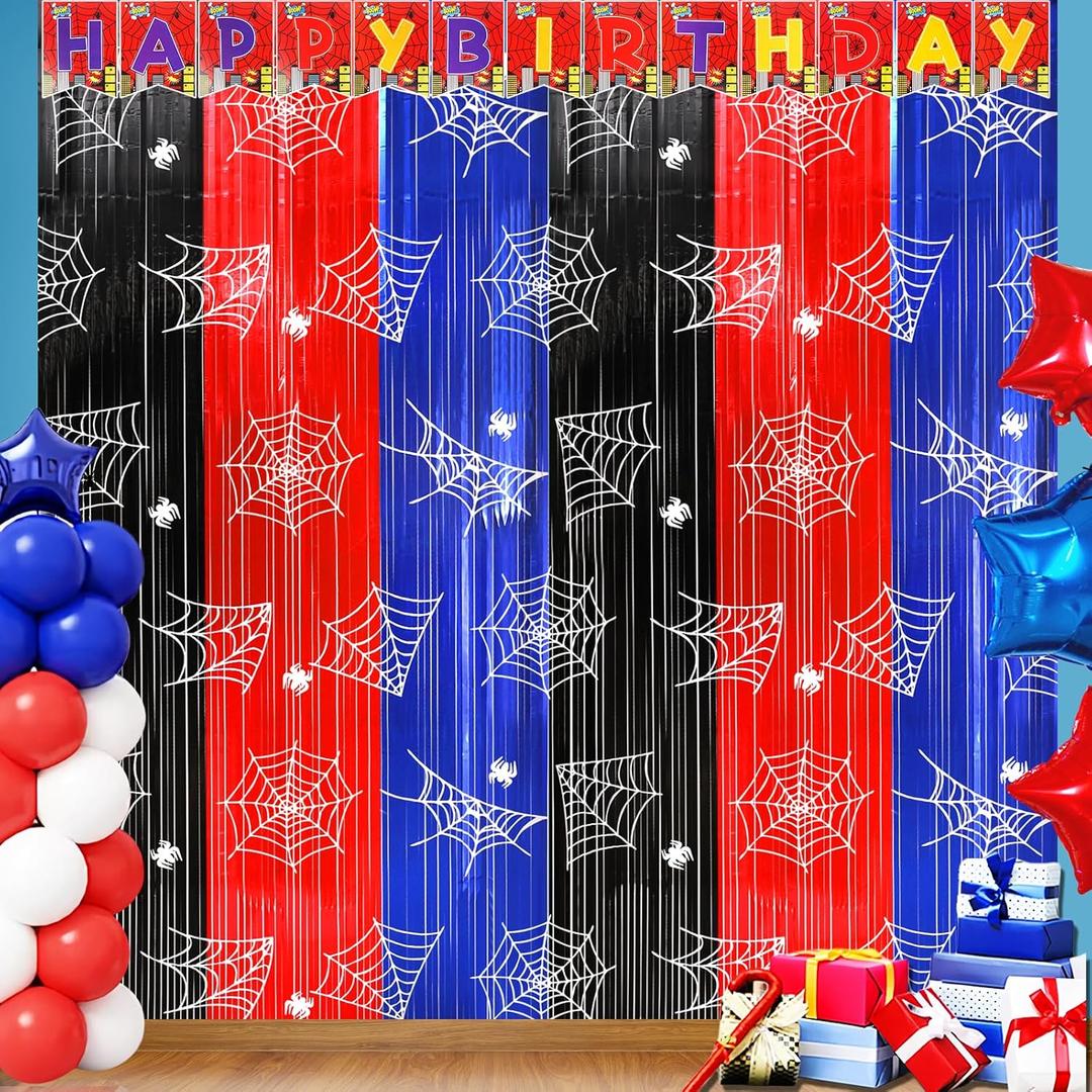Spider Web Birthday Party Decoration Supplies, 2Pack Metallic Tinsel Foil Fringe Curtains 3.3x6.6ft, Red Blue Black Photo Booth Prop Backdrop Party Streamer, for Spider Birthday Party House Room Decor (Red Black and Blue)