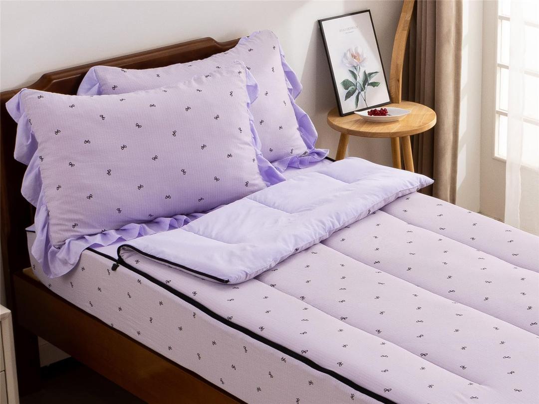 NTBED Black Bow Printed Zipper Bedding Sets Twin for Kids Girls Lightweight Microfiber Butterfly Comforter Set with Fitted Sheet Pillow Covers,Purple