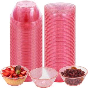100Pack Mini Plastic Bowls - 6oz Disposable Hard Plastic Dessert Bowls for Serving, Premium Disposable Ice Cream Cup, Glittered Pink Snack Bowl for Parties, Serving Bowl Party Supplies(Pink)