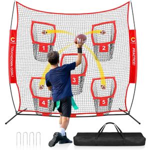 8 x 8ft/8 x 4ft Football Net Target w/ 5 Pocket Practice Net Quarterback Training Equipment for Throw Accuracy Improving w/Carry Bag, Ground Stake for Backyard Kids