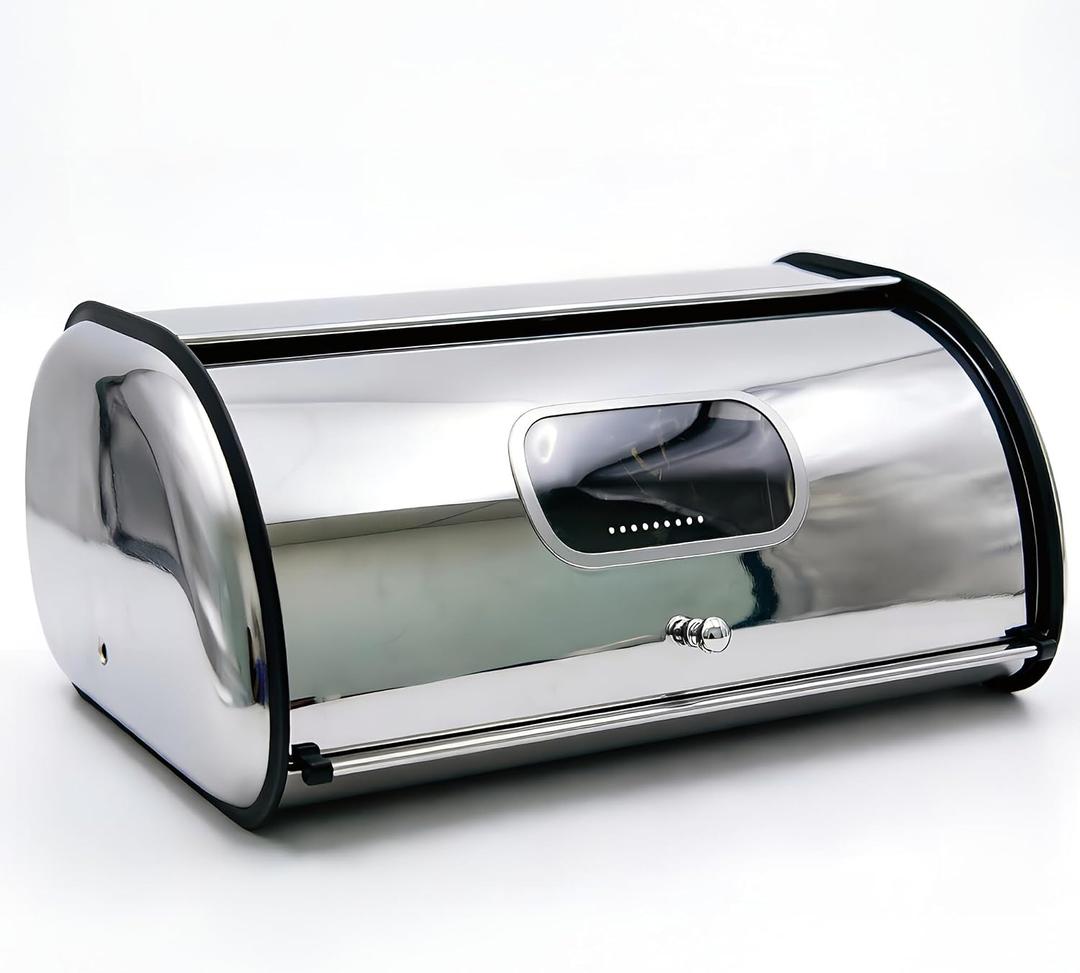 Large Stainless Steel Bread Box for Kitchen Countertop, 17.1 Inch Roll Top Metal Bread Storage Bin with Window & Air Vents, Bread Keeper for Homemade Bread, Pastries (17.1x10.6x7.08 In)