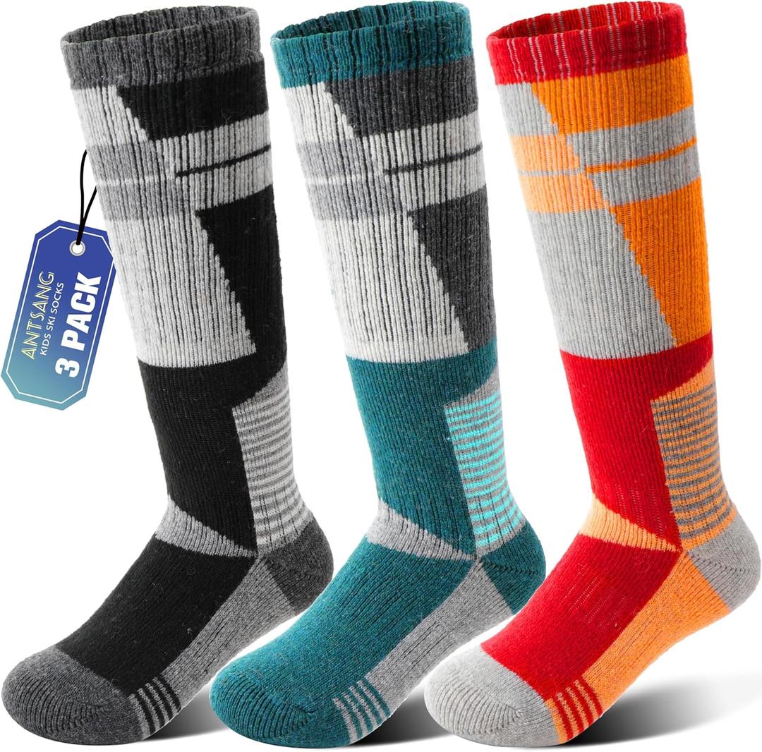 ANTSANG 3 Pairs Kids Merino Wool Ski Socks Boys Girls Thermal Thick Warm Winter Cozy Socks for Skiing Snowboarding (8-12 Years, Trapezoid)