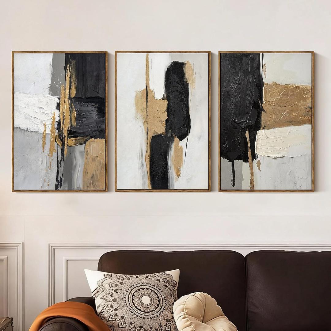 Modern Abstract Wall Art Set of 3 Black Gold Neutral Triptych Canvas Painting, Textured Hand Applied Paint Contemporary Framed Artwork 16x24, Minimalist Gallery Living Room Bedroom Office Decor