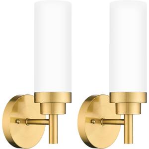 Emak Wall Sconces Set of 2, Modern Brushed Gold Bathroom Vanity Sconce Wall Lighting with Milk Glass Shade for Bathroom, Bedroom, Living Room, Hallway, WS085-BGD-ML-2PK