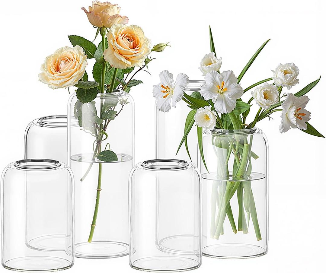 24 Clear Glass Vases | 3 Heights (6.5 H+5 H+3.9 H), Curved-Rim Cylinder Vases for Rustic Farmhouse Centerpieces, Wedding Table Decor Bud Vases in Bulk