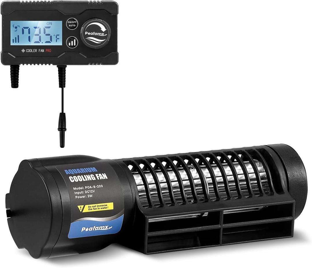 Poafamx Aquarium Chiller, DC12V Aquarium Cooling Fan with 3-Speed Adjustable Controller, Cross-Flow Fish Tank Cooler for Axolotl, Automatic Temperature Control Aquarium Cooler (3W)