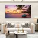 Purple Beach Palm Pictures Canvas Wall Art For Living Room Bedroom Wall Decor,Sunset Wall Art Print Paitnings For Home Decor,Morden Artwork Coconut Tree Canvas Art Ready To Hang-24x48 Inches