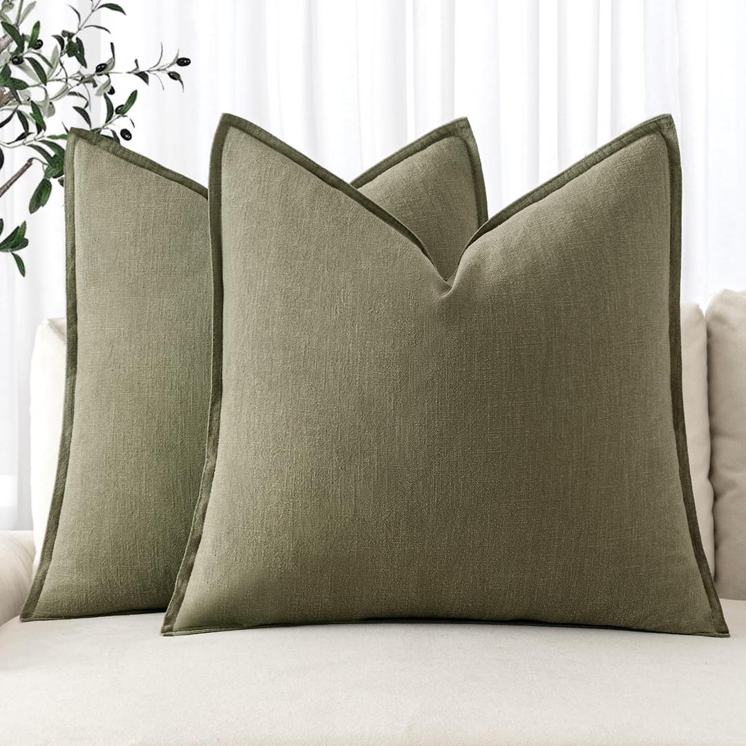 MIULEE Decorative Linen Pillow Covers 20x20 Inch Dark Olive Green Boho Farmhouse Neutral Spring Couch Throw Pillows for Bed Pack of 2 Accent Modern Pillowcase Sofa Livingroom Home Decor