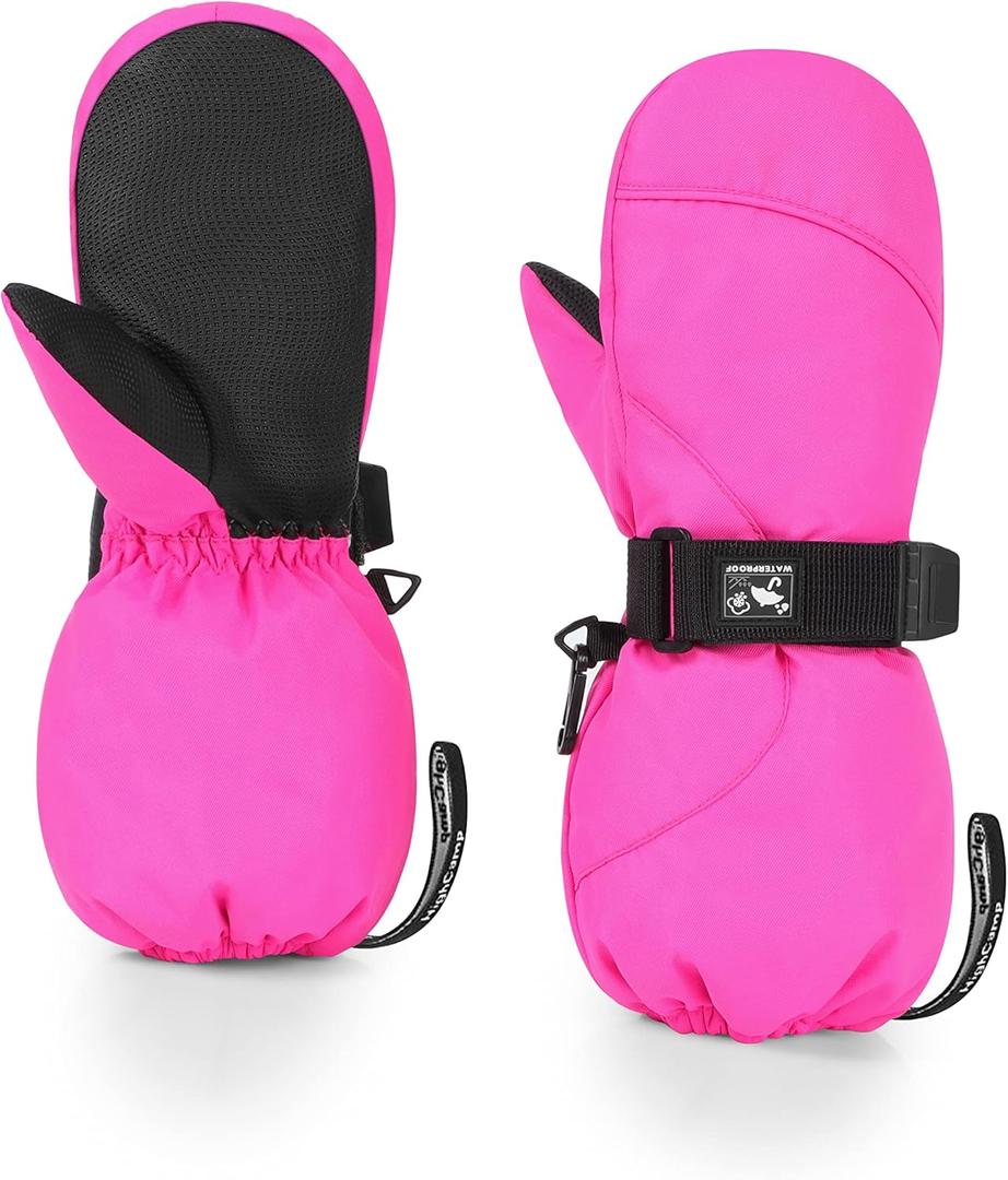 HIGHCAMP Kids Long Cuff Winter Gloves with Stay-on Strap Waterproof Mittens for Toddler Children Snow Ski (Rosa), Size: S (3-5 Y)