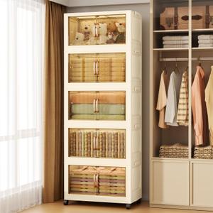 102QT Plastic 5 Tier Storage Bins with Lids,Folding Storage Box with Doors and Wheels Stackable Storage Bins,Closet Organizers and Storage for Living Room,Office,Dorm