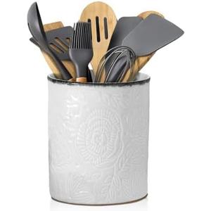 Comfify Large Ceramic Kitchen Utensil Holder with Vintage Farmhouse Floral Pattern – Elegant White Decorative Crock for Countertop Organization – Organizer for Tools, Spatulas, Spoons & More