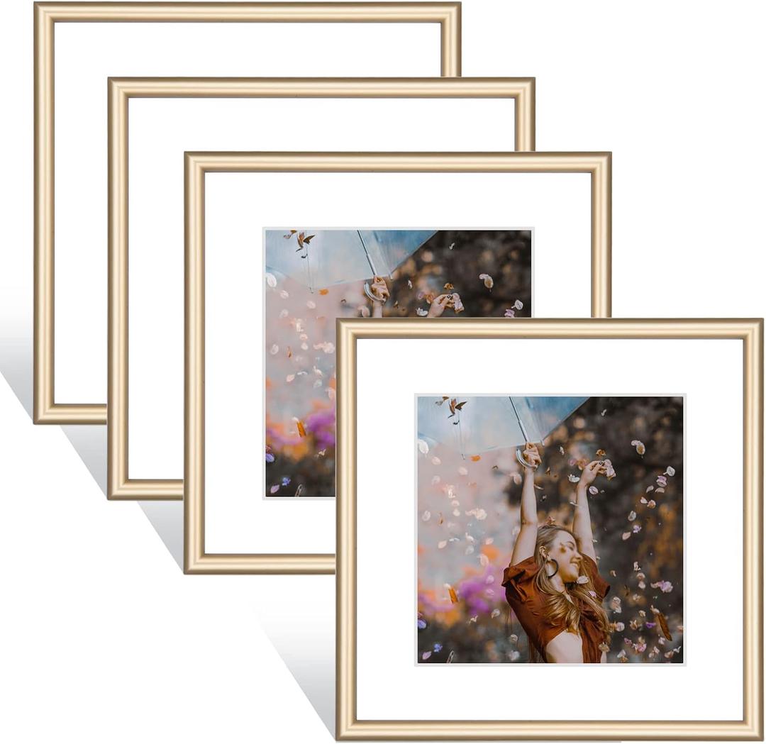 4x4 Picture Frame Set of 4, Brass Matte Thin Metal, Square Frame for Tabletop and Wall Mounting, Aluminum Floating Photo Frame Bulk Collage, Fit 3x3 with Mat or 4 x 4 without Mat (4 Pack) (Bronze)