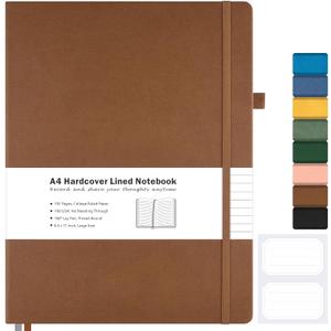 College Ruled Notebook, A4 Hardcover Leather Notebook for Work, Lined Notebook Journal for Women, Men, 192 Thick Paper, 8.5" x 11", Large Notebook with Pockets, Professional Business Notebook, Brown