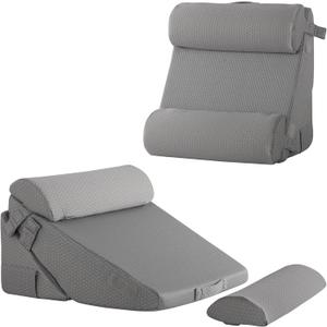 Adjustable 4pcs Bed Wedge Pillow Set, Memory Foam Wedge Pillows Post Surgery for Back, Neck, Leg Pain Relief, Pillow Wedge for Sleeping, Sitting up in Bed, Acid Reflux and GERD, Grey (Adjustable 9&12 Inch + 2 Head Pillow)