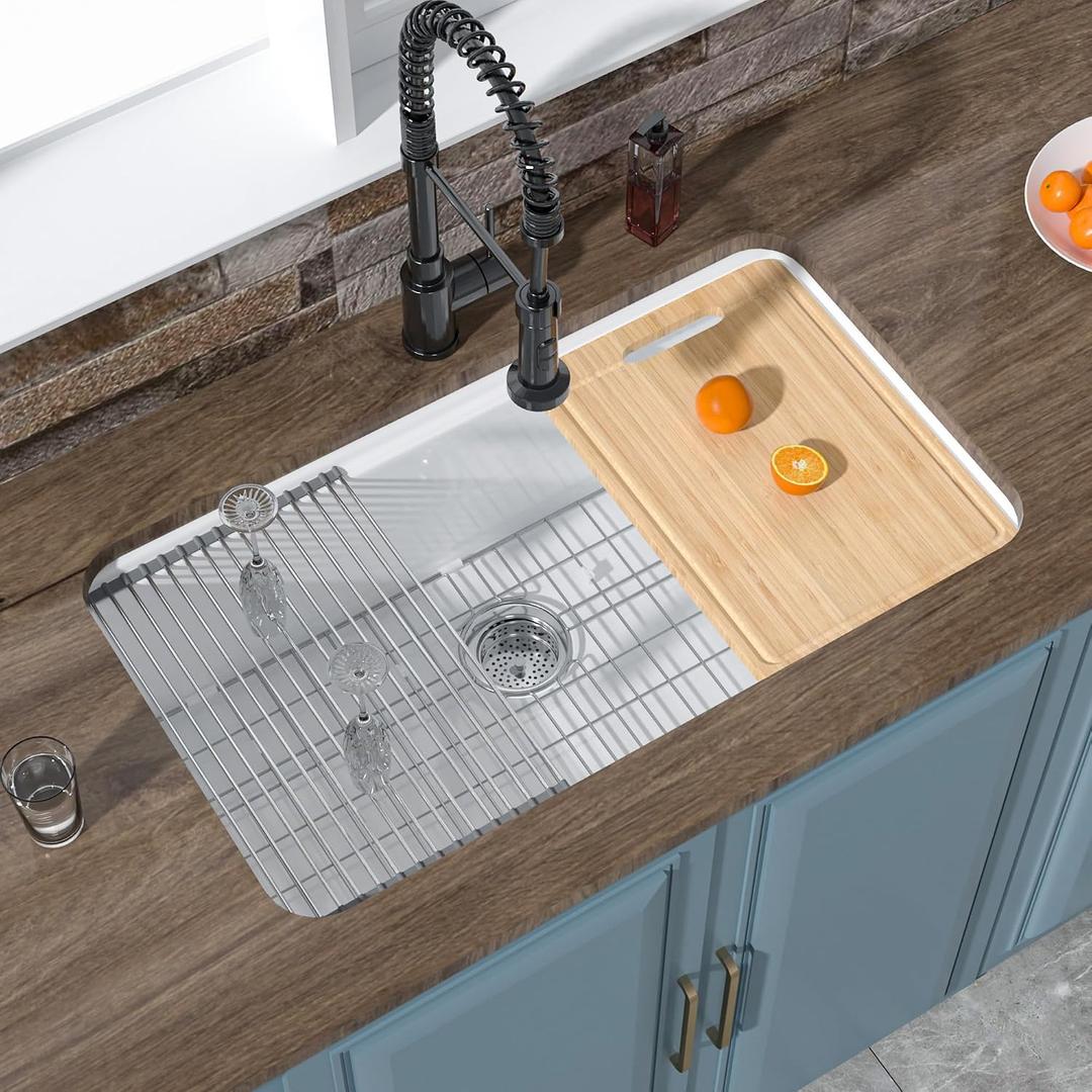 Large Undermount Workstation Kitchen Sink White 33 x 19 Inch, Fireclay Sink Drop In Single Bowl, Dual Mount Heavy Duty Deep Basin, Cutting Board Included, White, for Kitchen