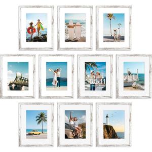 decorUhome 8.5x11 Picture Frame Set of 10, Display Photos 6x8 with Mat or 8.5x11 Unmatted for Picture Frames Collage Wall Decor, Distressed White