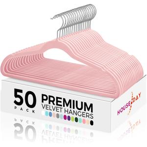 HOUSE DAY Premium Velvet Hangers 50 Pack Pink, Non-Slip Flocked Felt Hangers, Sturdy Clothes Hanger Heavy Duty Coat Hanger, Durable Slim for Closet Space Saving (Light Pink/ Silver)