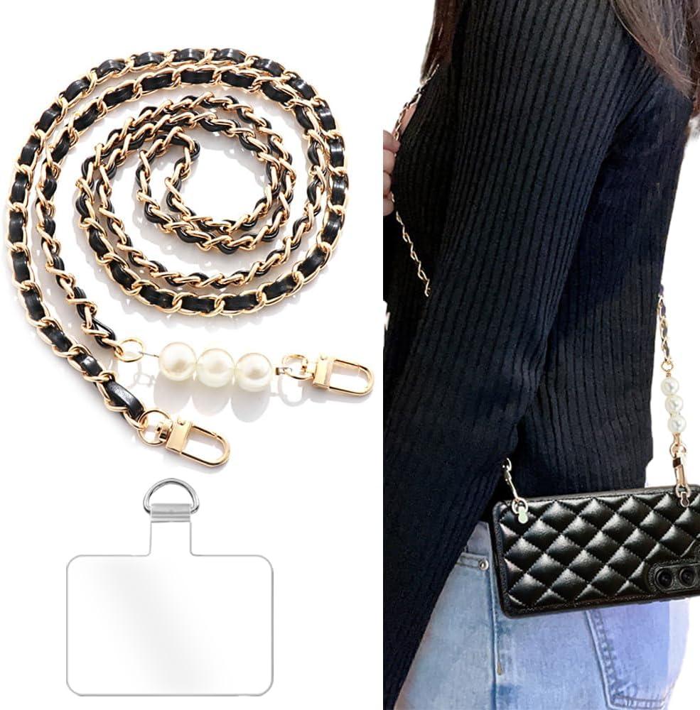 Phone Crossbody Chain Cell Phone Lanyard,Pear&Leather+Metal Chain Universal Cellphone Strap with Tether Patches for Most Phone (J)