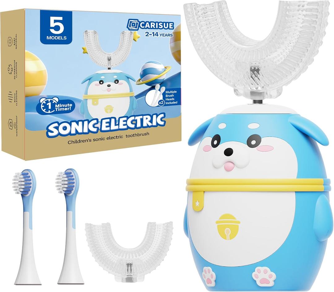 Kids U Shaped Electric Toothbrush, 5 Cleaning Modes with 4 Brush Heads,Cartoon Dog 360°Sonic Automatic Cleaning IPX7 Waterproof Design 2-7 Age (Blue)