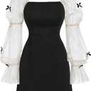 Girl's Dress Bow Ruffle Sheer Mesh Puff Long Sleeve Dresses Party Formal Short Dresses Size 8-12 (Black)