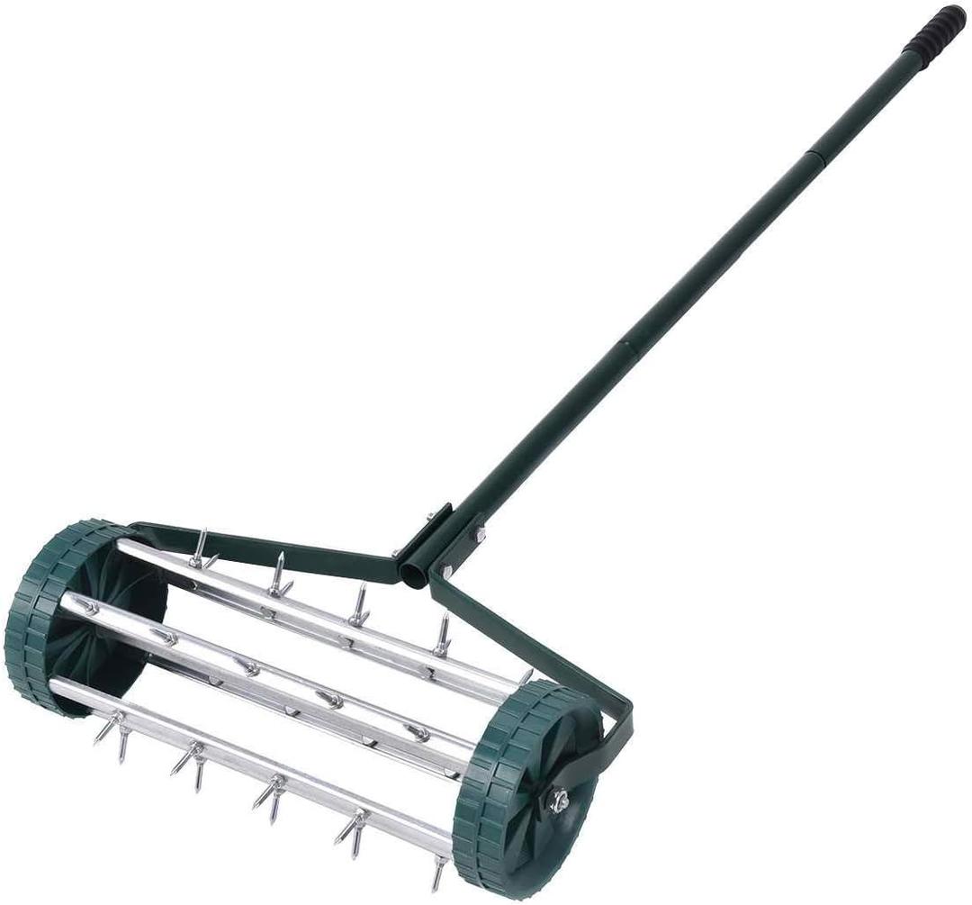 Goplus Rolling Lawn Aerator, 18-Inch Garden Yard Rotary Push Tine Heavy Duty Spike Soil Aeration, Manual Lawn Aeration Tool w/ 41-Inch Handle (Silver)