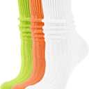 2 x Women's Neon Scrunch Crew Socks 80s 90s Retro 3-Pack Cotton Stacked Boot Calf Cozy Ribbed Slouchy Socks Size 5-10 (1-white/Neon Green/Neon Orange)