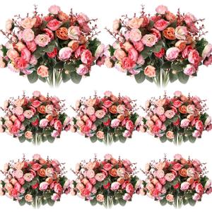 Geosar 8 Pcs Rose Artificial Flowers Fake Flowers Bouquet 21 Heads Silk Faux Floral Bundles with Stem for Home Bridal Wedding Arrangements Table Centerpieces Party Decor (Pink)