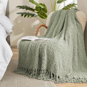 Amlie Home Knit Throw Blanket with Tassels for Couch, Luxury Boho Throw Blanket for Summer Sage Green, 50"x60"