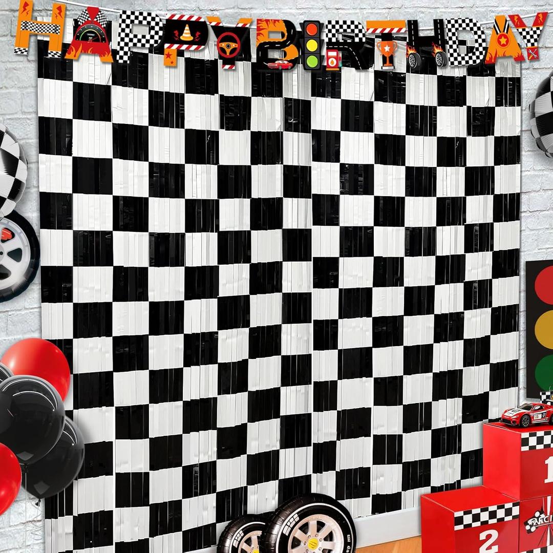 3 Pack Race Car Birthday Party Decorations, Checkered Black White Foil Streamers Backdrops with Birthday Banner for Racing Cars Party Decor One Happy Dude Party Supplies