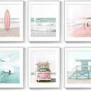 Framed Coastal Beach Wall Art for Living Room, 6 Piece Ocean Wave Surfboard Beachy Canvas Artworks, Pink and Aqua Green Seascape Picture Prints for Bedroom Hallway Office Wall Decor, 11x14 Inch
