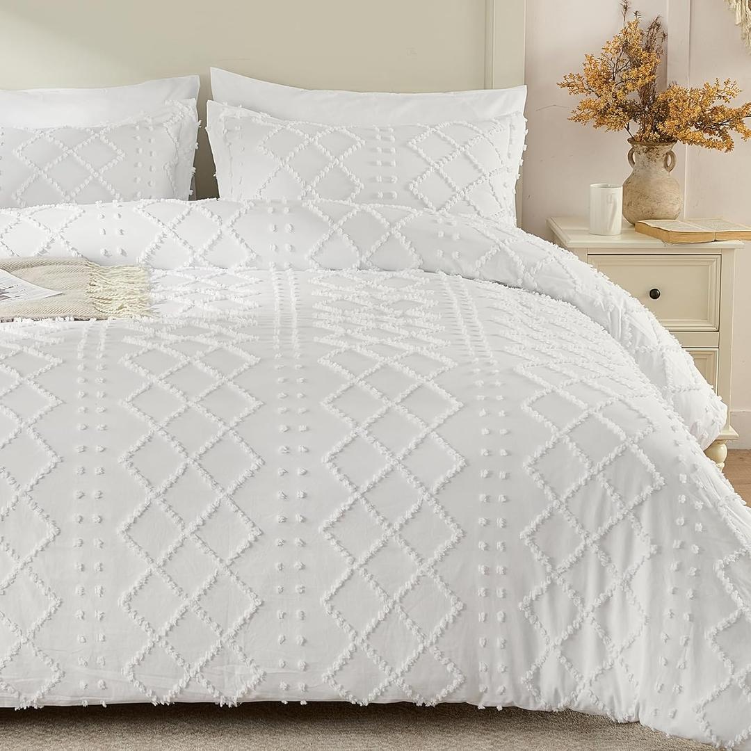 VACVELT 5PCS Boho Duvet Cover Queen Size, White Tufted Duvet Cover with Zipper & Ties, No Comforter, Shabby Chic Textured Bedding for Farmhouse Country, Breathable & Soft Microfiber